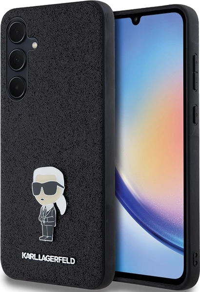 Ovitek za telefon s fiksnimi bleščicami in kovinskim znakom z ikoničnim logotipom Karl Lagerfeld za Samsung Galaxy A35, črn