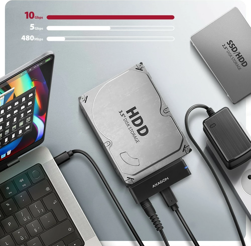Adapter USB-C na SATA, 10Gbps, za SSD/HDD 2,5"/3,5", z napajanjem, 60 cm kabel, črno AXAGON ADSA-FPX