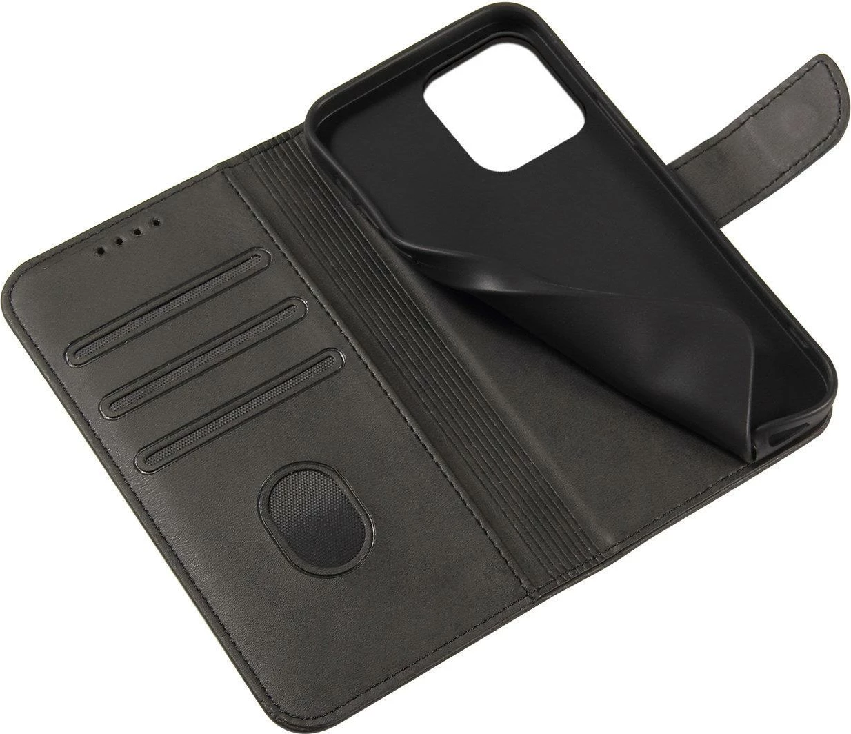 Ovitek za telefon s magnetnim pokrovom, etui, denarnica in stojalo Hurtel Magnet Case za Vivo Y35 / Vivo Y22 / Vivo Y22s, črn