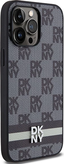 Ovitek za telefon s karo vzorcem in potiskanim črtami, DKNY Leather — za iPhone 14 Pro Max, črn