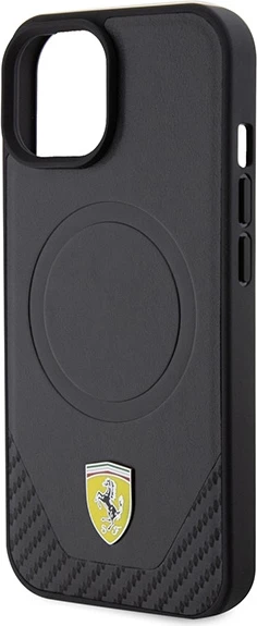 Ovitek za telefon z ogljikovimi detajli in kovinskim logotipom, MagSafe, črn Ferrari FEHMP15SPTEK za iPhone 15 6.1"