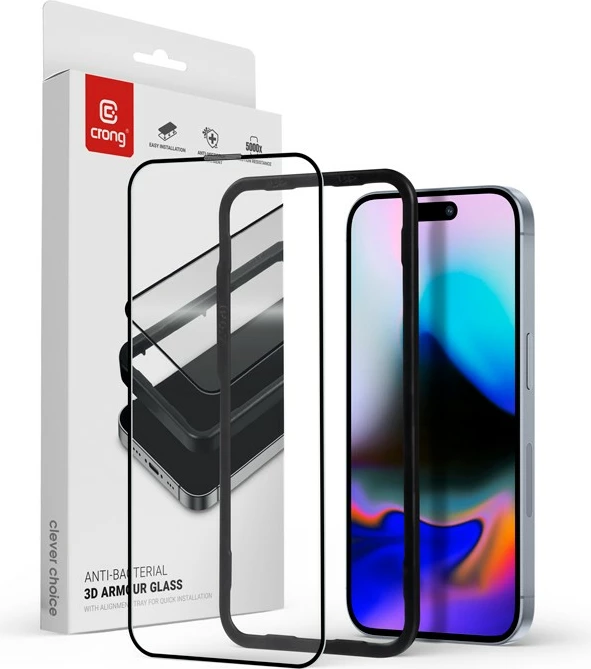 Zaščitno steklo 3D Armour Glass CRONG, za iPhone 16 Pro, 9H, antibakterijsko, z montažnim okvirjem