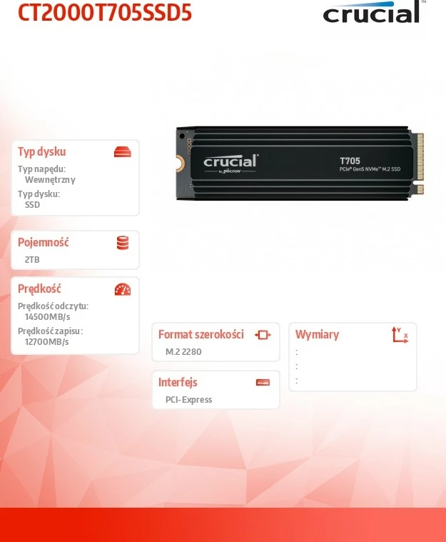 Napredna SSD Crucial T705, 2TB, M.2 NVMe, PCIe 5.0, s hladilnikom