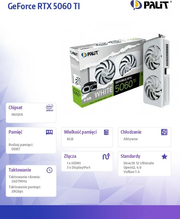 Grafična kartica Palit GeForce RTX 5060 Ti WHITE OC, 8GB GDDR7, 128-bit, 3x DP/HDMI, bela