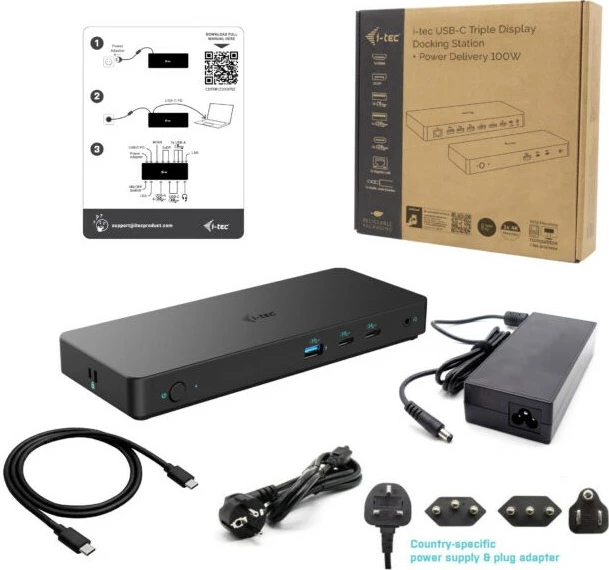 Dvojno/tri zaslonska postaja USB-C I-Tec Triple Display Gen 2 Pro, 100 W, 3x monitor, 6x USB, LAN, črna
