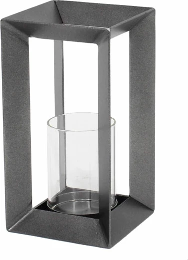 Nosilec za čajne sveče (tealight), siva kovina, steklo, 13x13x23 cm