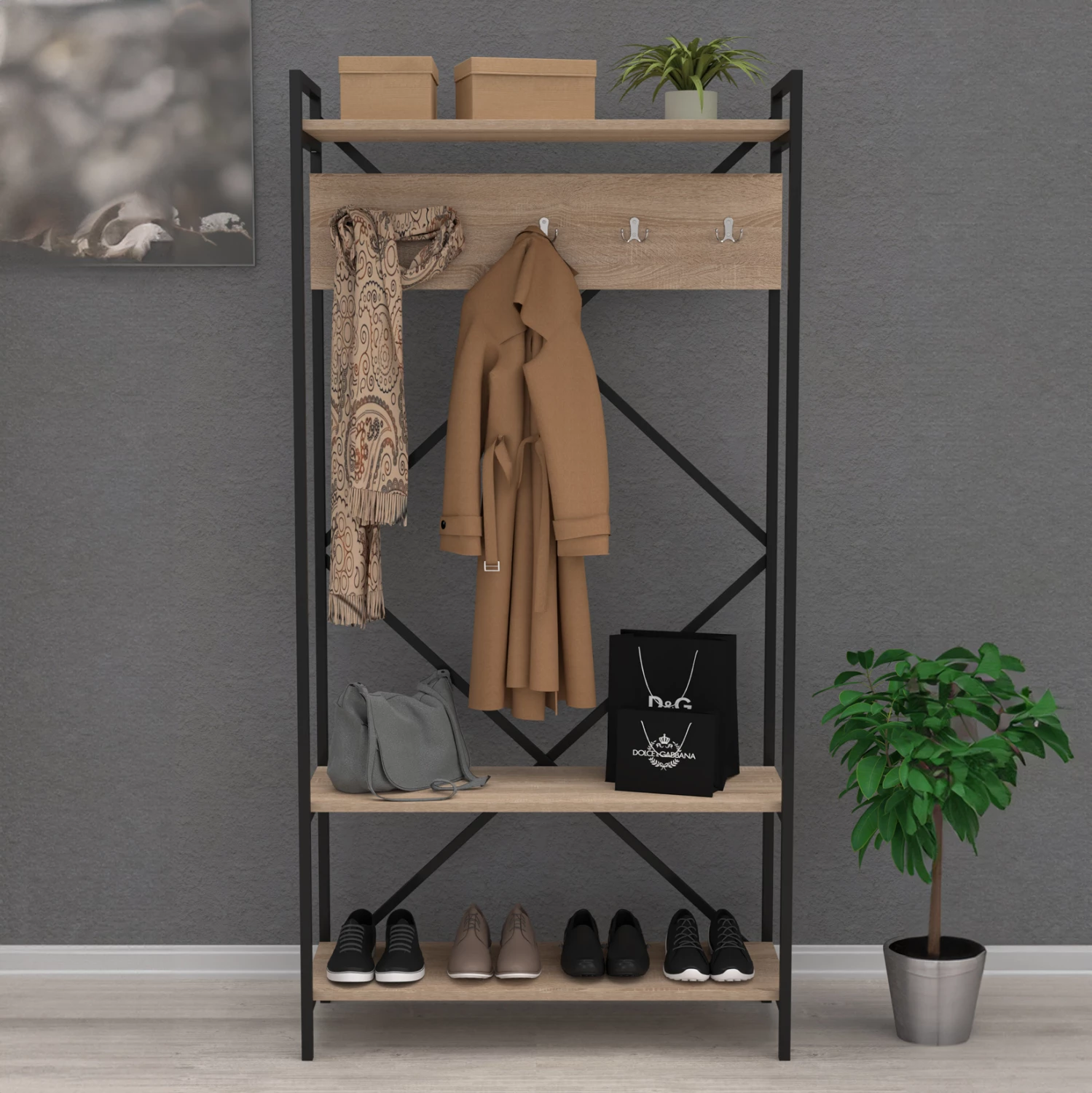 Pohištvo za vhod NAVIS FH18188 melamin v sonoma-črni kovinski okvir 90x34x180Hcm