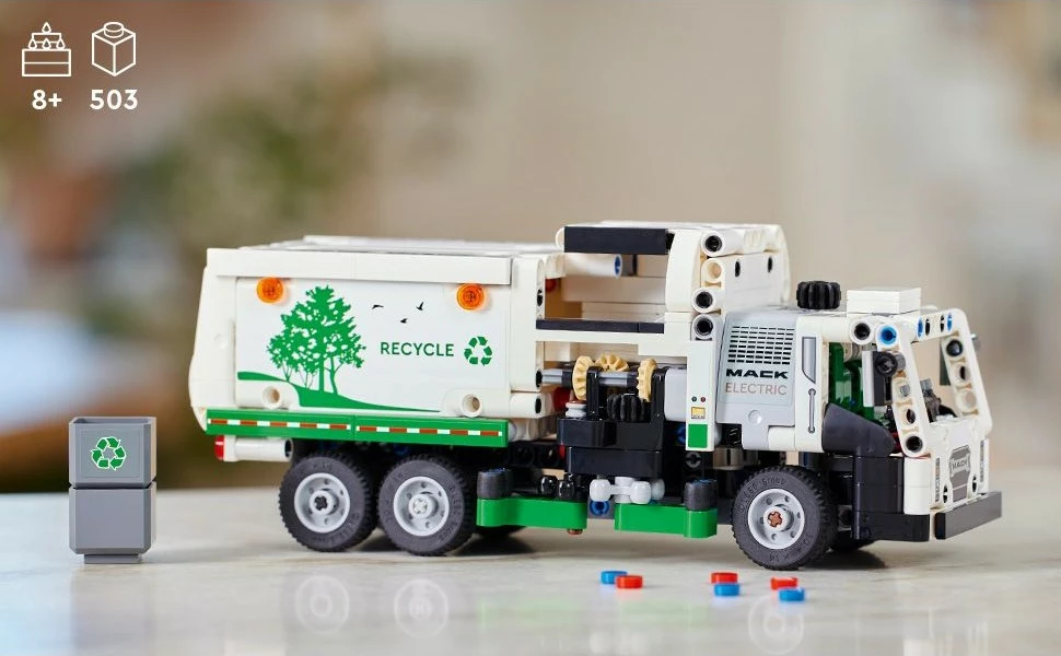 Gradbeni set LEGO Technic električni tovornjak za odvoz smeti Mack LR, 503 kosi, večbarven