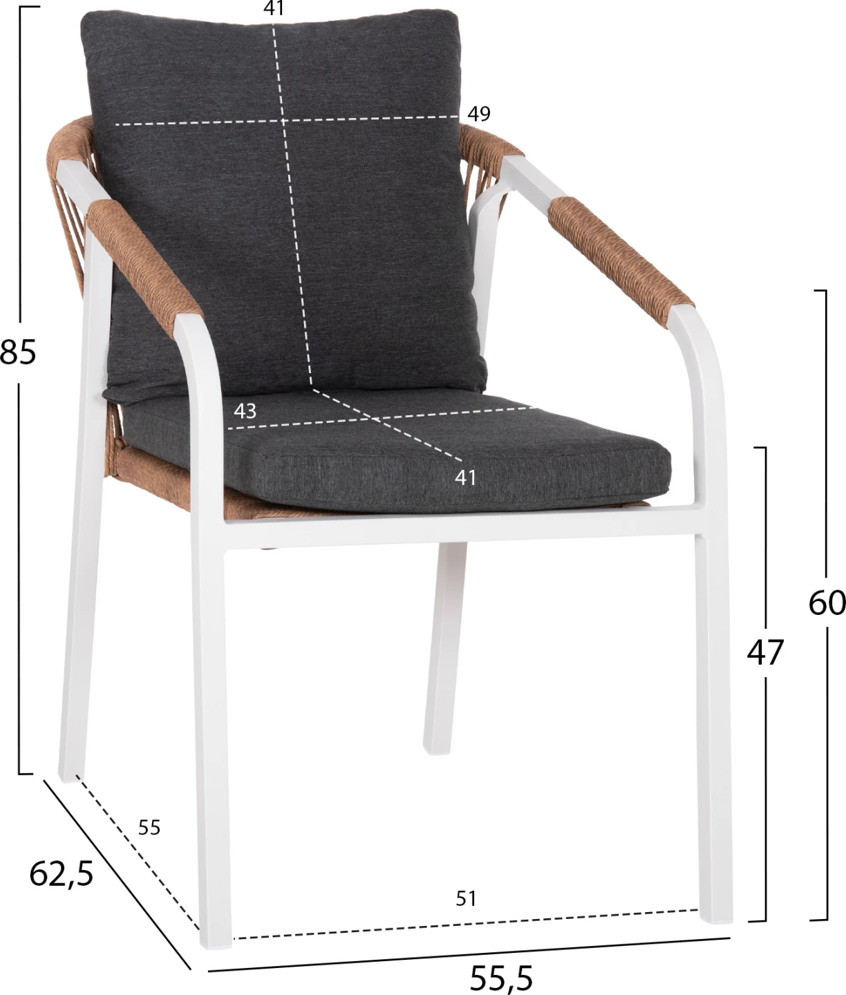 Fotelj MAERLY FH6051.01 bel aluminij-antracit blazine-P.E. ratan v svetlo rjavi barvi 55,5x62,5x85Hcm