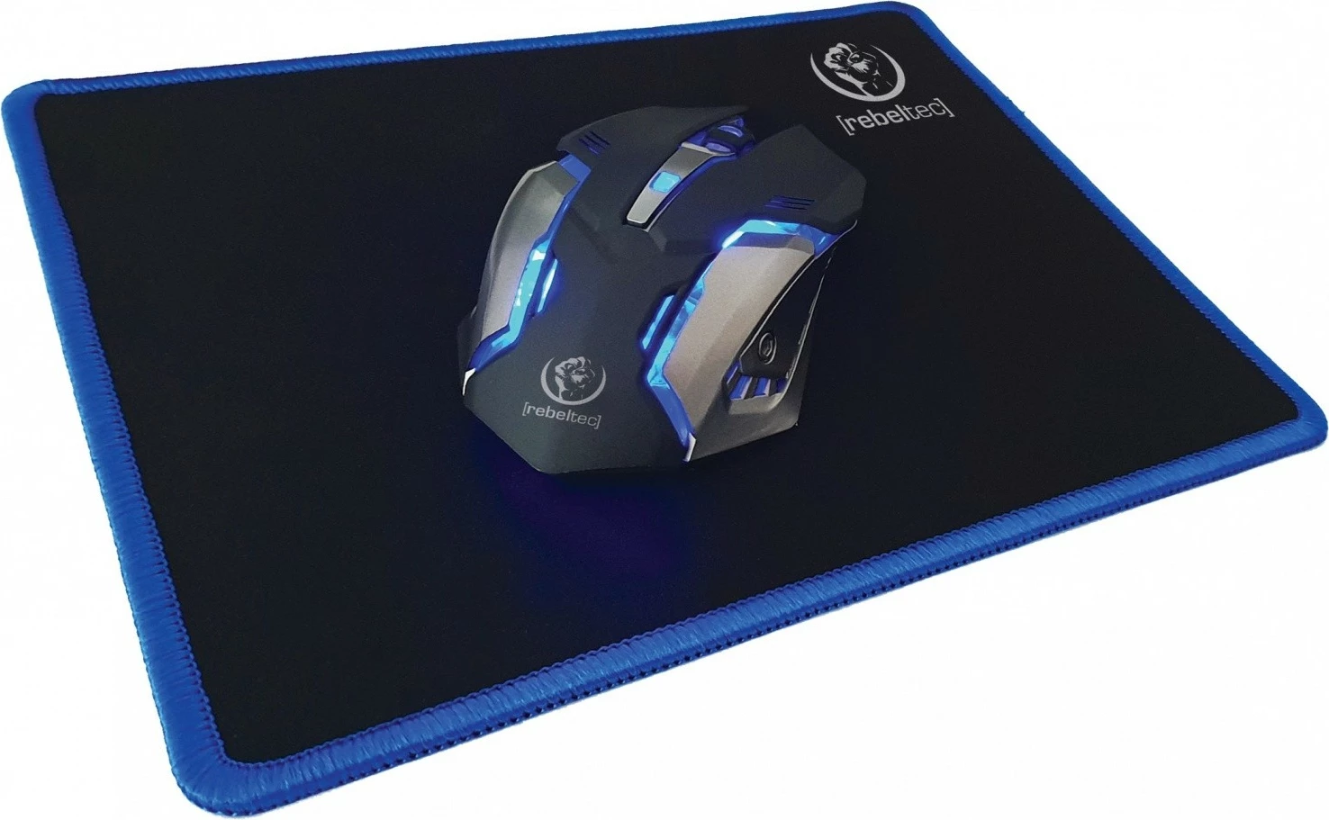 Gaming set z osvetlitvijo, Rebeltec Sherman — tipkovnica, optični miš, podloga za miš, slušalke z mikrofonom, črno/modro