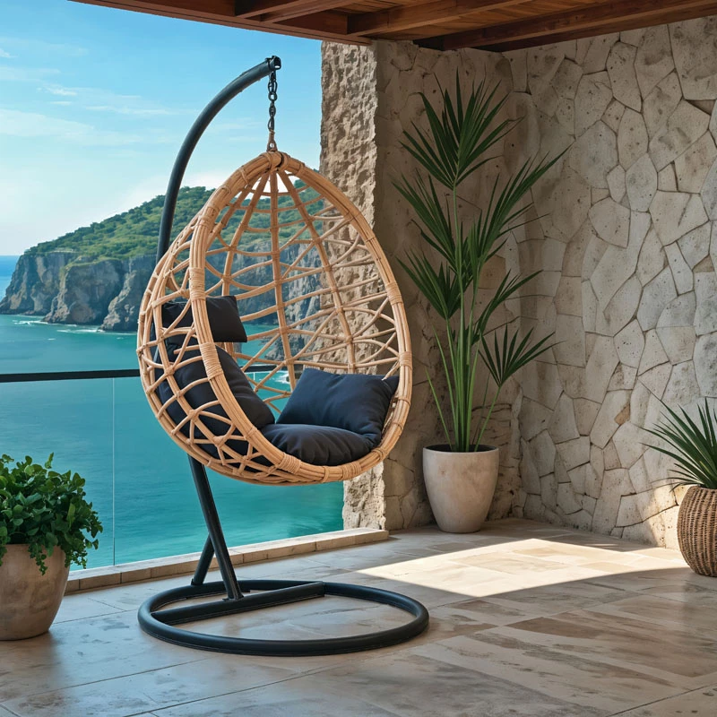 Kovinski viseči stol, naravno črn, blazina črna, 109x119x195 cm Hudson