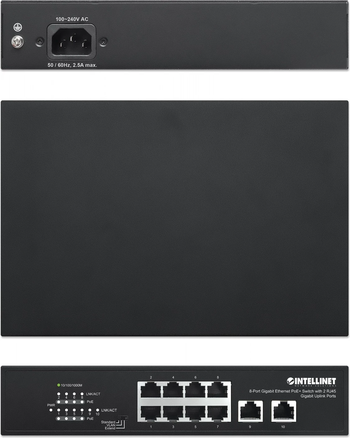 Gigabit stikalo z 8x RJ45 PoE+ in 2x RJ45 uplink, Intellinet 561402