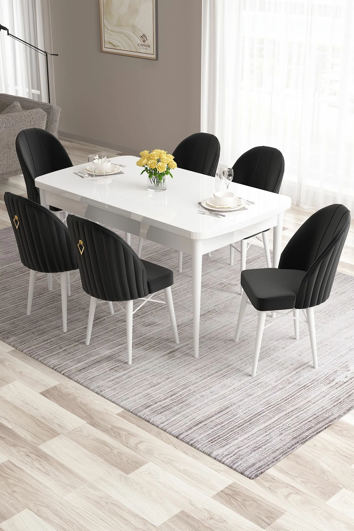 Raztegljiv jedilni komplet, 7-delni, Skye Decor, rožnato-bela in črna