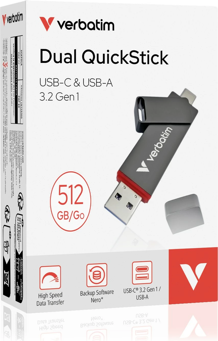 Hitri USB zunanji pogon Verbatim Dual QuickStick, 512 GB, USB Type-A / USB Type-C, siv