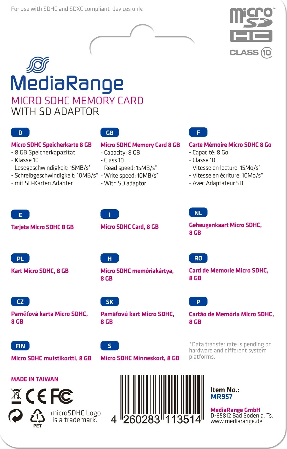 MicroSDHC kartica MediaRange 8 GB, Class 10, z adapterjem, črna
