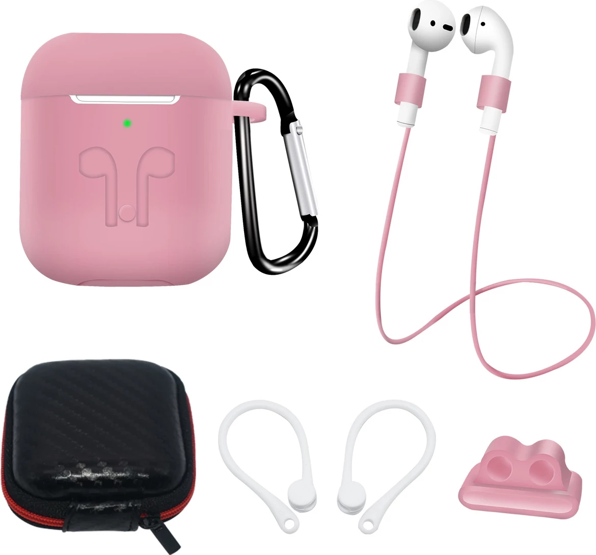 Komplet dodatkov za AirPods 1/2, silikonski ovitek s karabinerjem, trak za okoli vratu, nosilec za uro, sponke za uho, rožnat, Hurtel