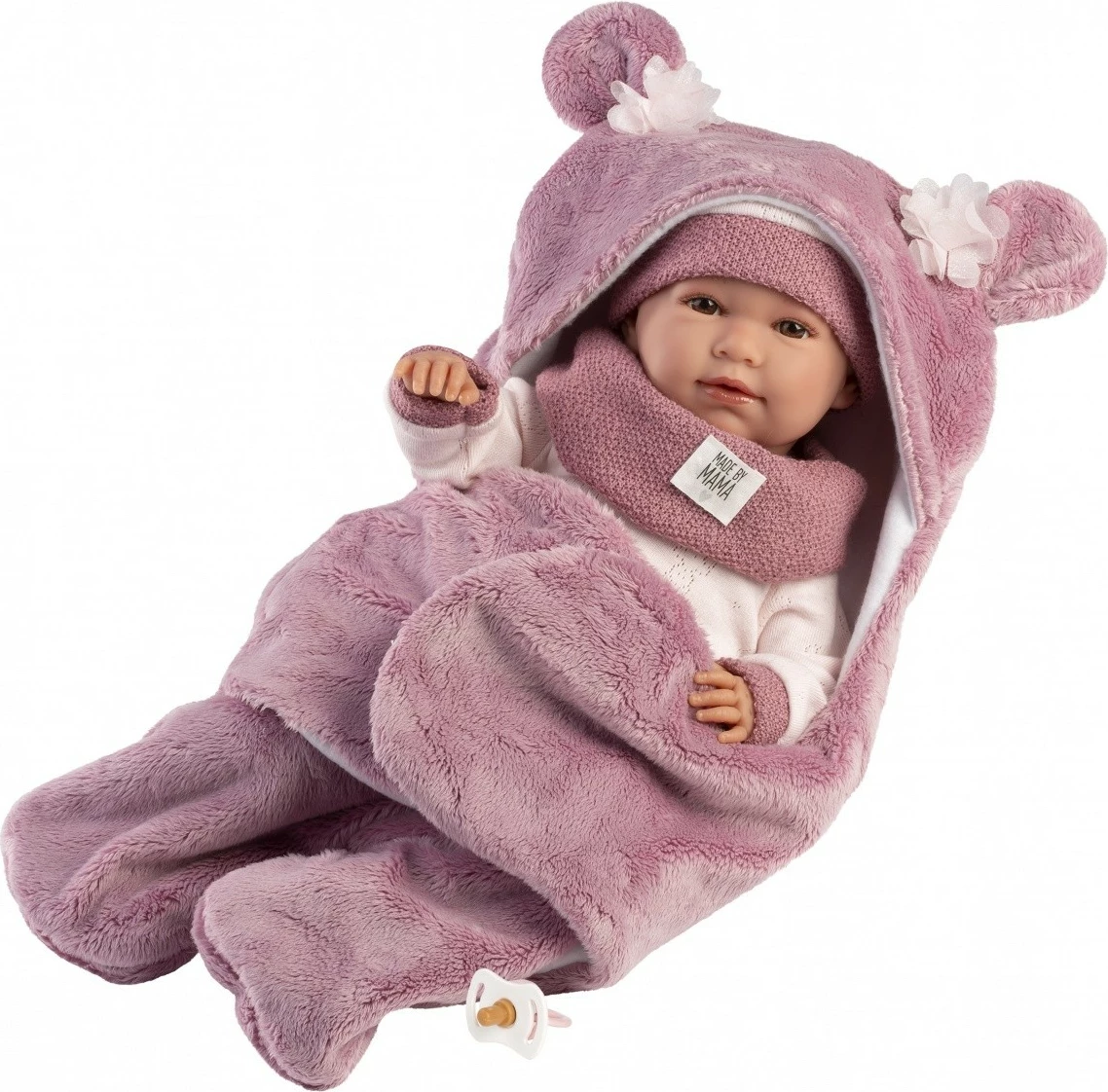 Jočeča lutka dojenček Mimi Llorens 74130, 42 cm, z odejico in stekleničko, 3-delni komplet, rožnata