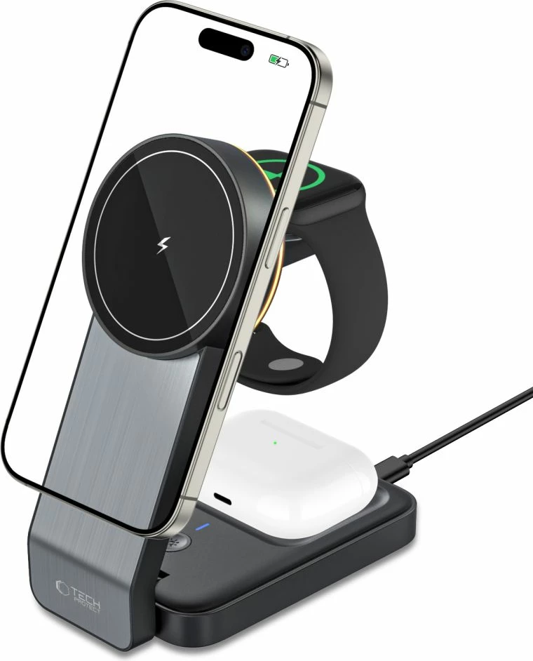 3-v-1 indukcijski polnilec za telefon, Apple Watch in AirPods Tech-Protect QI15W-A28, z MagSafe, črn