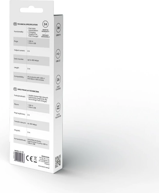 Kabel USB-A na micro USB, Savio CL-167, 3 m, bel