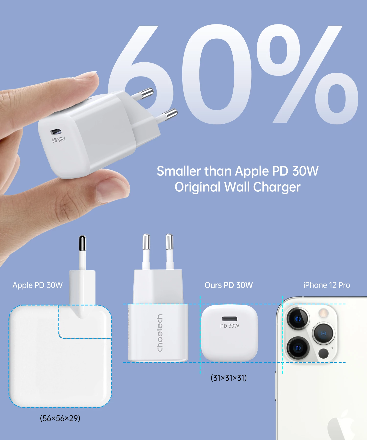 Stenski polnilec USB-C PD 30W, Choetech PD5007, bel