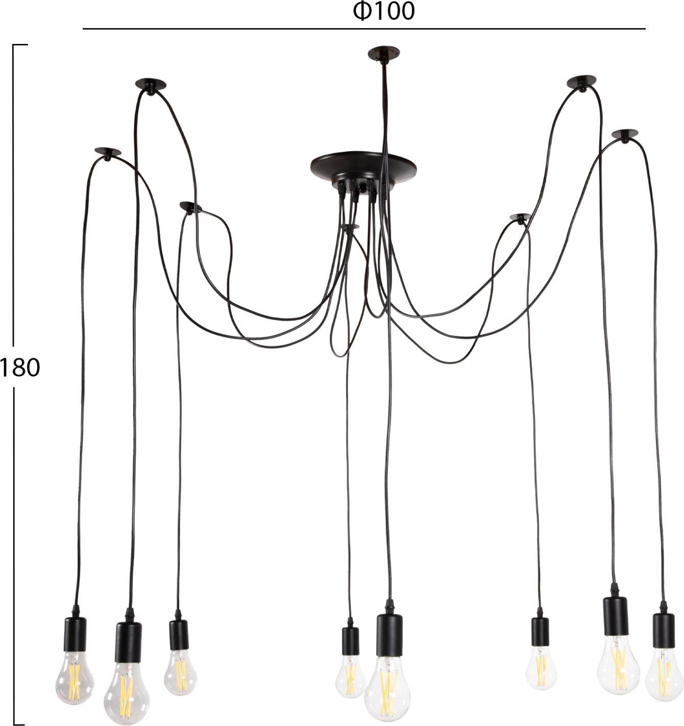 Stropna viseča svetilka z 8 lučmi FH4176 črna kovina-črni kabli Φ100x180Hcm
