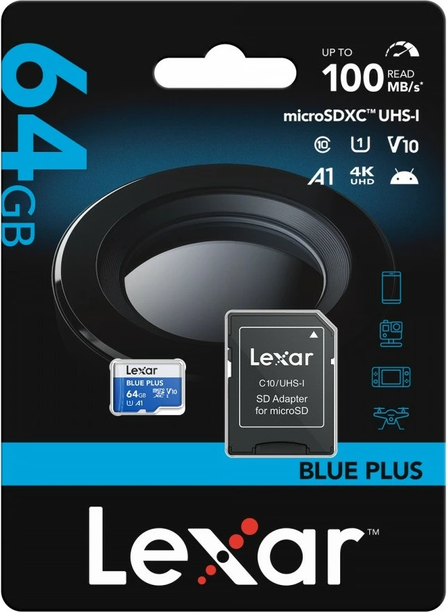microSD kartica 64GB SDXC UHS-I, C10 A1 U1 V10 100 MB/s, modra — Lexar LMSBLPL064G-BNANG z SD adapterjem