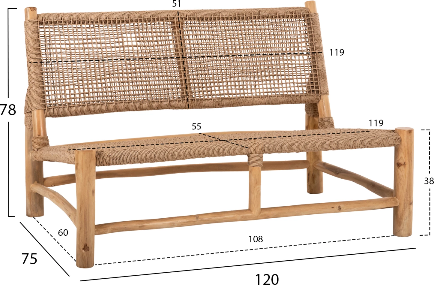 Zunanja dvosedna sedežna garnitura LONDER FH5984 iz tikovega lesa in sintetičnega pletenega ratana 120x75x78H cm
