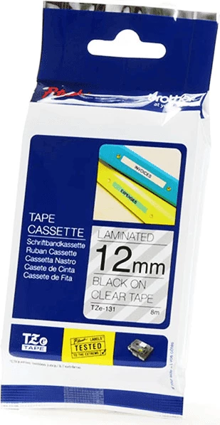 Etiketni trak Brother TZE-131, 12 mm x 8 m, laminiran, črn na prozornem