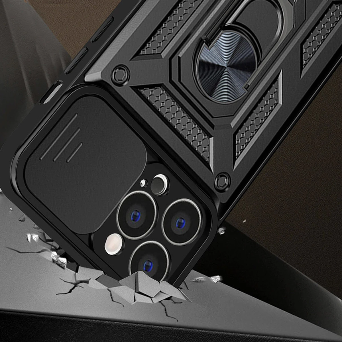 Zaščitni ovitek Hurtel Hybrid Armor Camshield za Realme 10 Pro+, z zaščito kamere, kovinskim obročem, črn