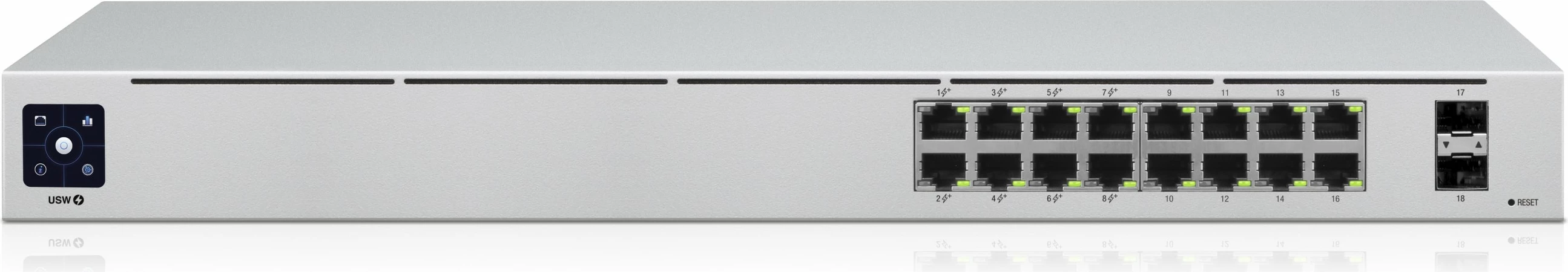 16-portni PoE upravljan stikalo Ubiquiti UniFi, L2/L3, Gigabit, srebrno