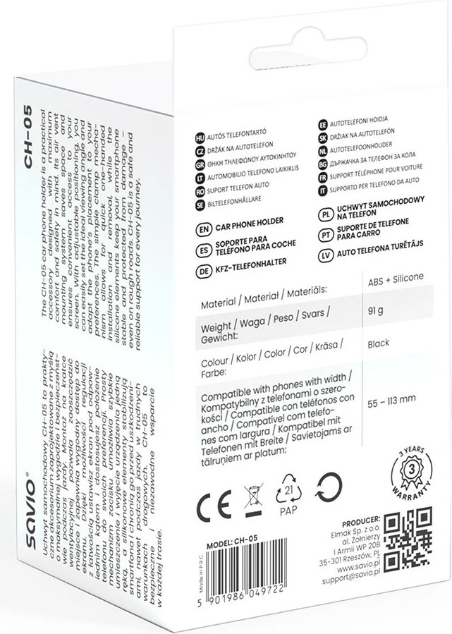 Držalo za telefon za avto Savio CH-05, črno