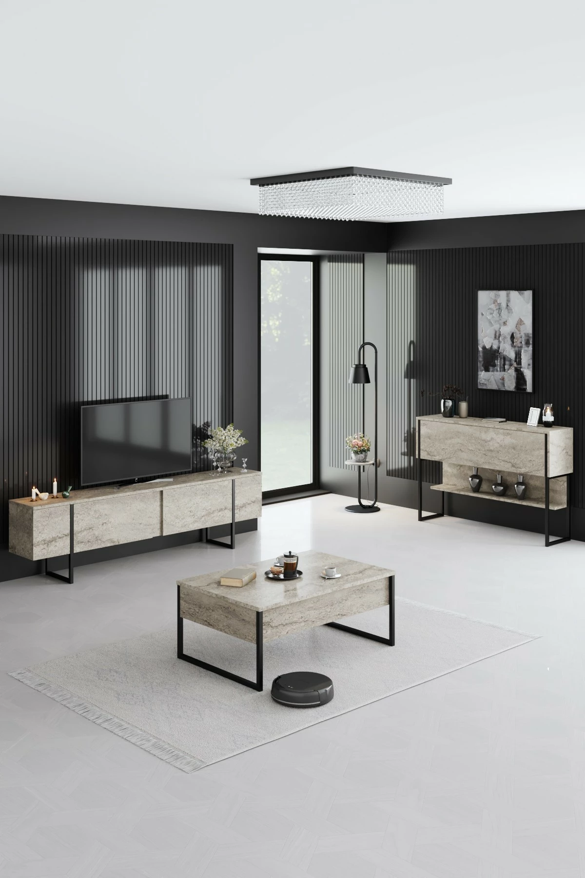 Komoda Luxe, travertin, črna, Hanah Home