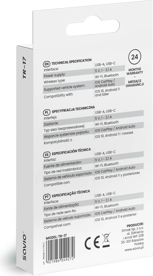 Brezžični adapter za CarPlay in Android Auto Savio TR-17, črn