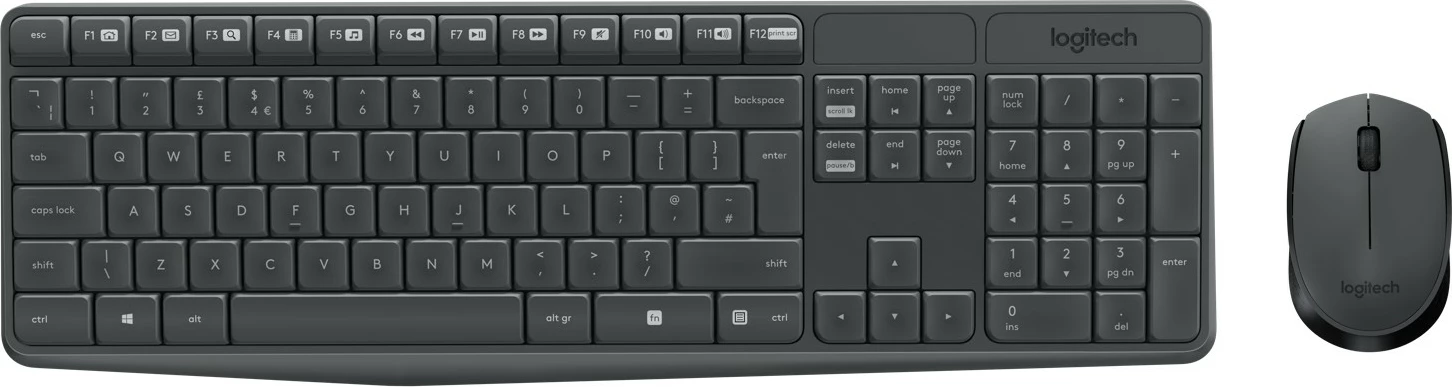 Brezžična tipkovnica in miška Logitech MK235, polna velikost, QWERTY, sivi, miška vključena