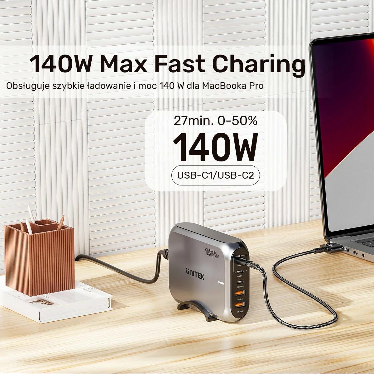 Visokozmogljiv polnilec Unitek GaN 188W, 2x USB-A, 3x USB-C, siv