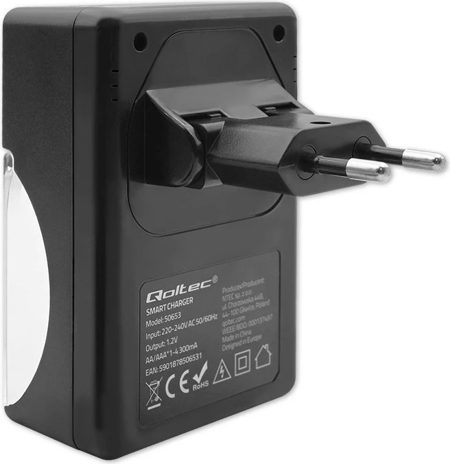 Polnilnik baterij Qoltec 50653, Ni-MH/Ni-Cd, AA/AAA, 300 mA, črn