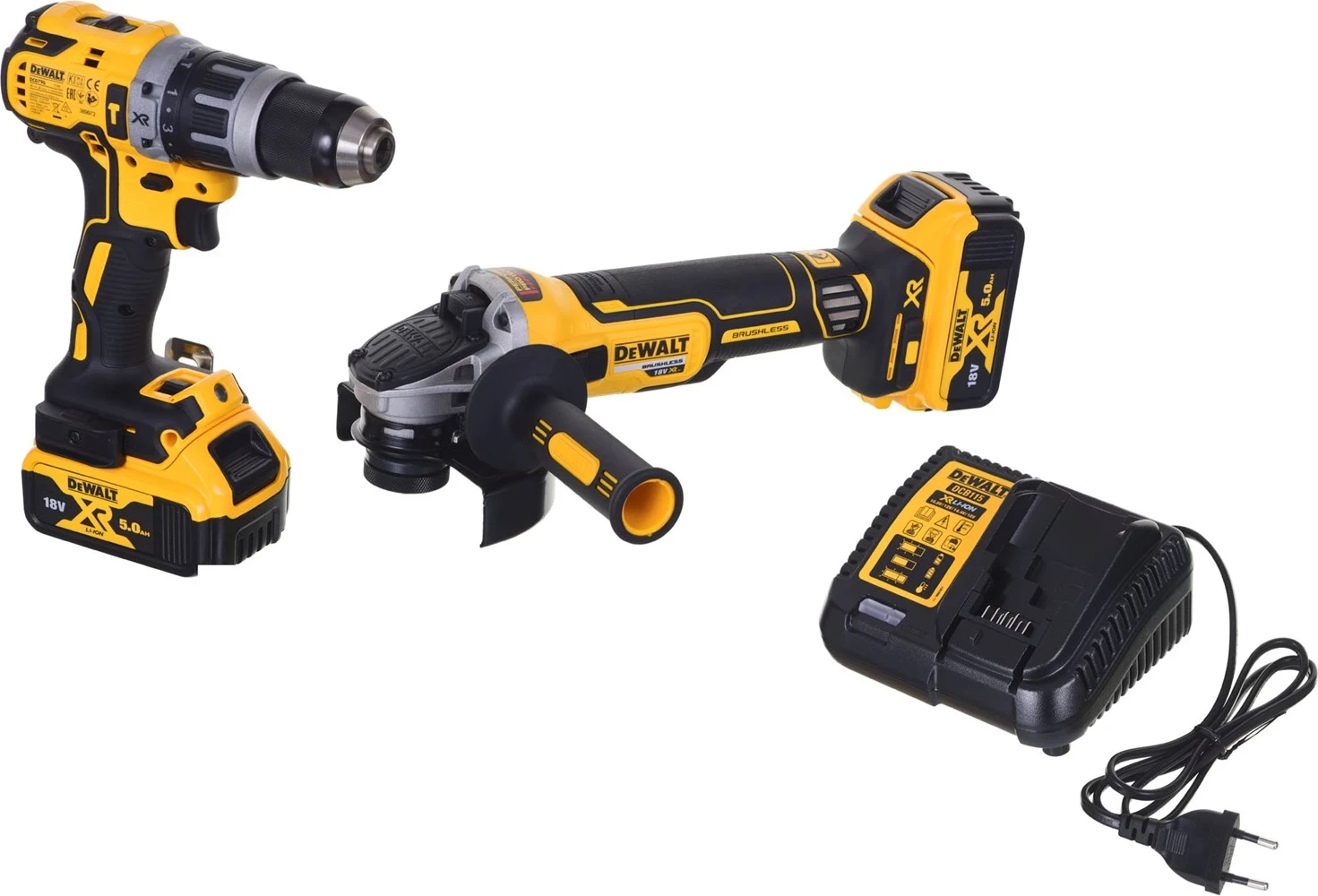 Kombinirani komplet vrtalnik/izvijač in brusilnik, DeWalt DCD796, DCG405 + 2x5,0Ah DCK208