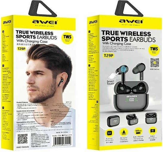 Brezžične slušalke Bluetooth 5.1, AWEI T29P TWS, z mikrofonom, črne, s polnilno postajo