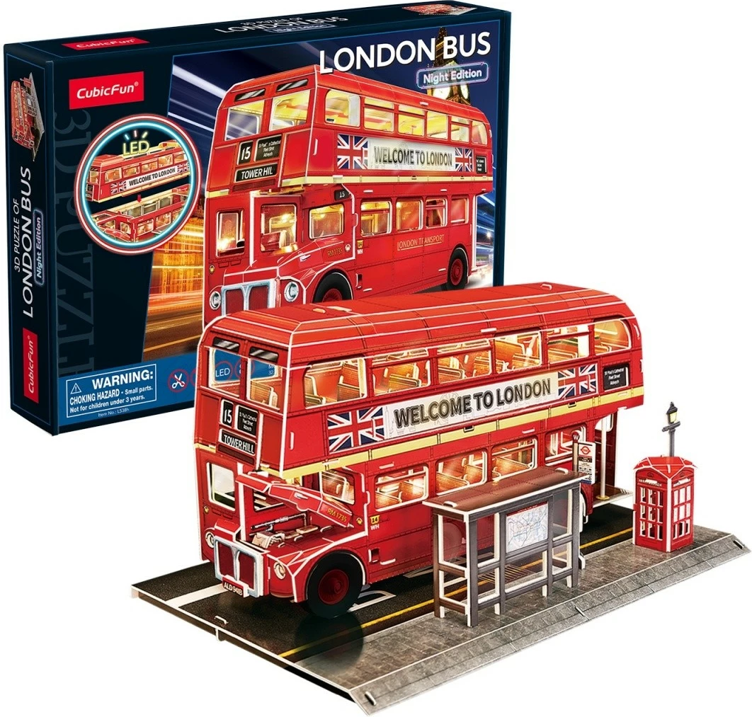 3D sestavljanka z LED osvetlitvijo London Bus, Cubic Fun, 161 delov, rdeča
