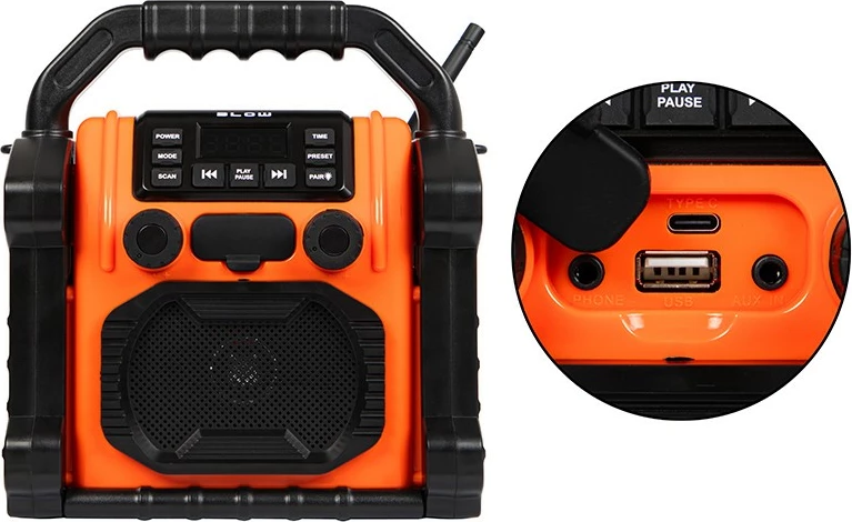 Prenosni radio BLOW RA14, 20 W, Bluetooth, powerbank, LED, črno/oranžen