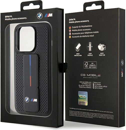 Zaščitni ovitek BMW Grip Stand Smooth & Perforated za iPhone 15 Pro Max, črn