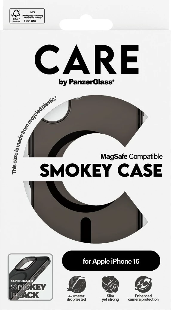 Tanek zaščitni ovitek PanzerGlass CARE Case Flagship Smokey MagSAFE za iPhone 16, črn