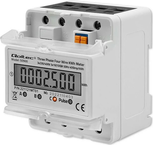 Trofazni merilnik energije Qoltec 50900, LCD, montaža na DIN letev, siv