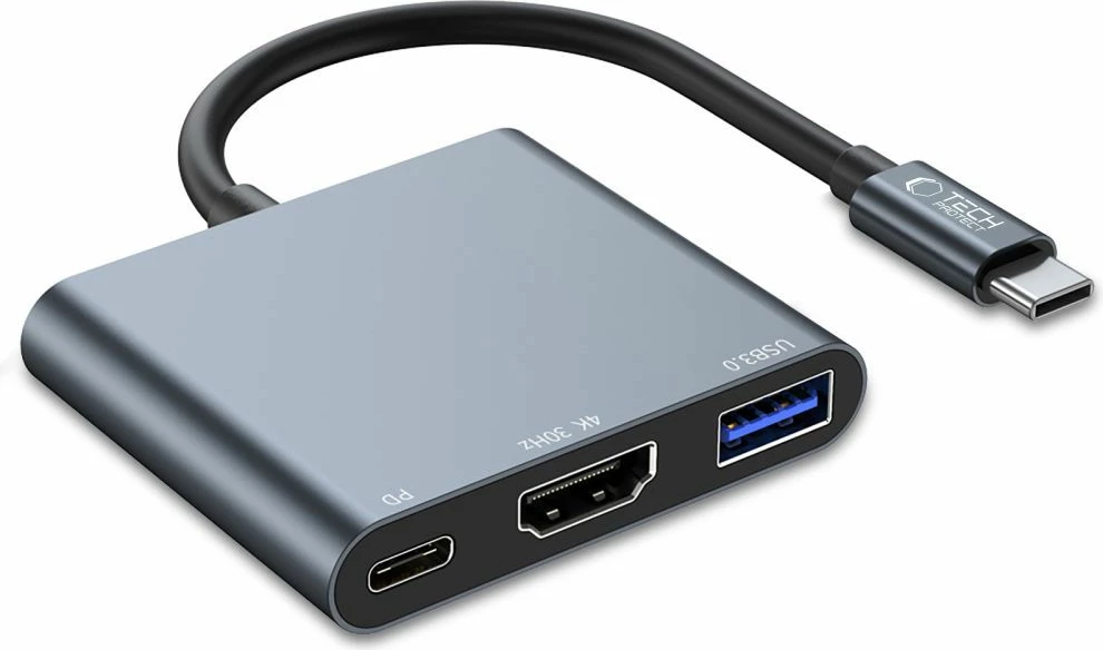 USB-C hub 3-v-1, USB-A 3.0, HDMI 4K 30 Hz, PD 100W Tech-Protect V1, siv