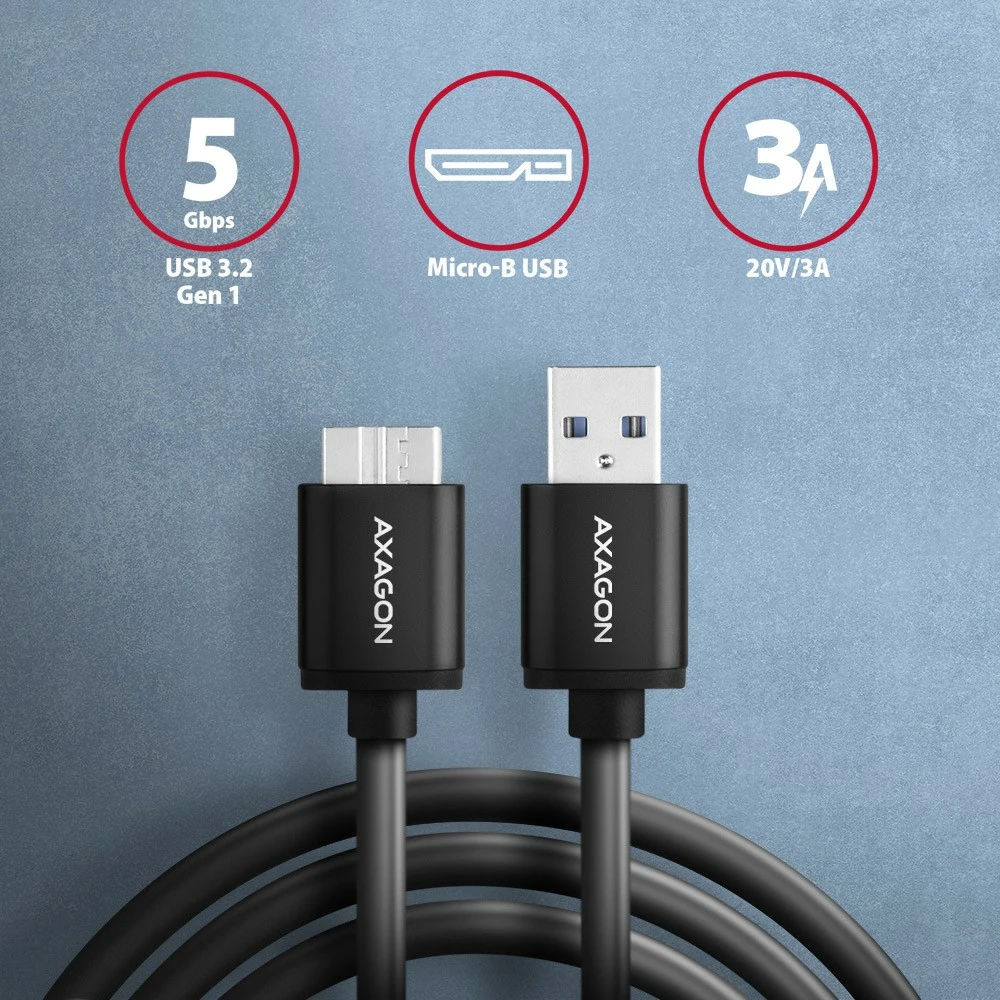 Kabel Micro-B USB na USB-A, AXAGON BUMM3-AM10AB, 1 m, 3A, črn