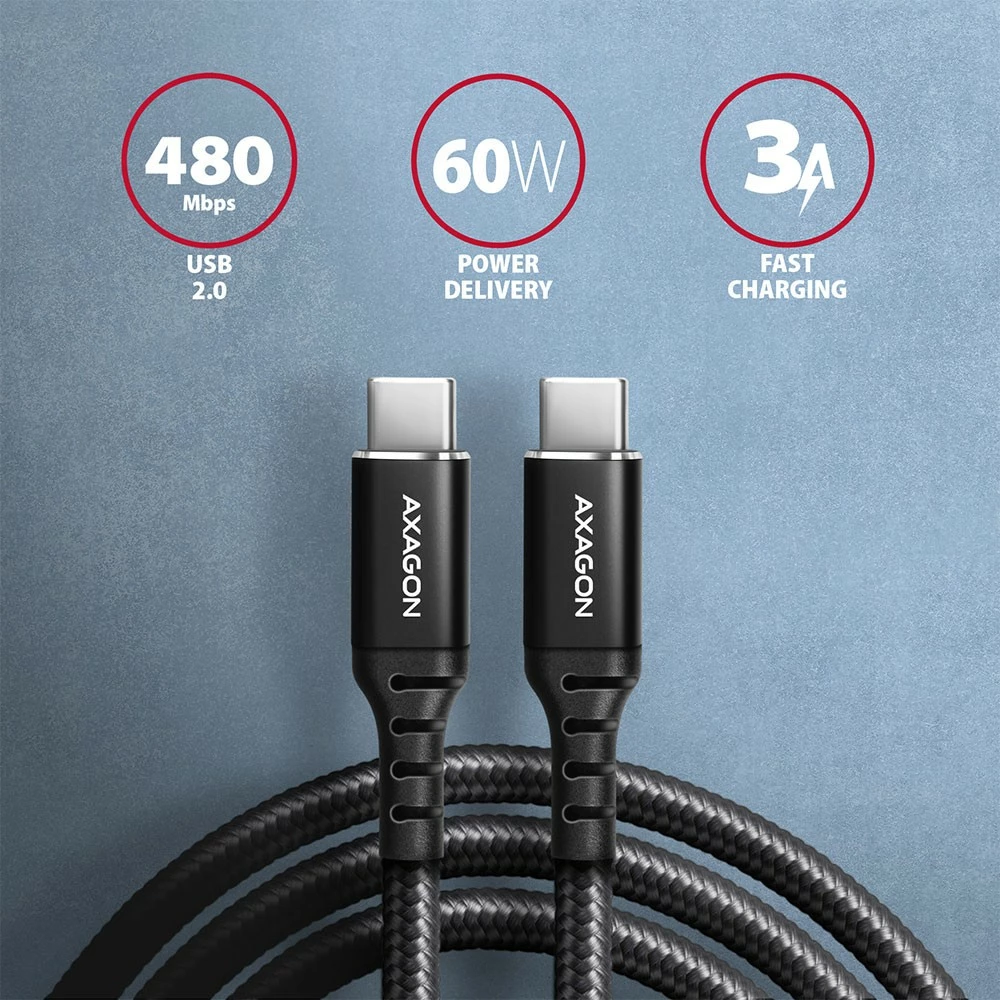 USB-C kabel AXAGON BUCM-CM15AB, 1,5 m, PD 60W, 3A, črn
