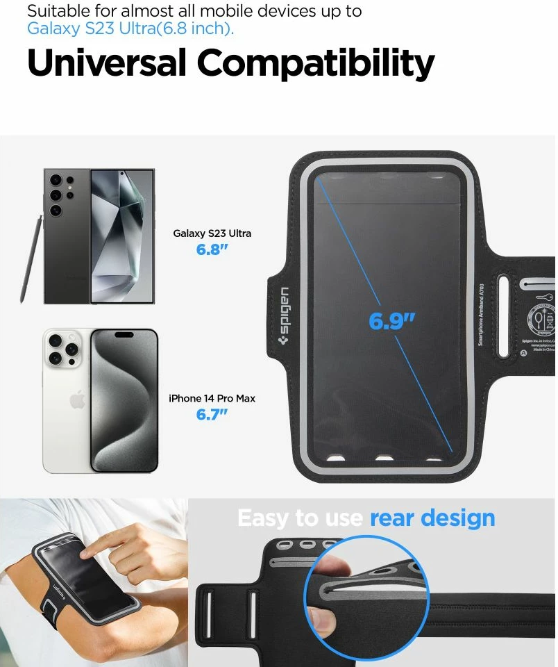 Športni ovitek za telefon Spigen A703, do 6,9 palca, črn