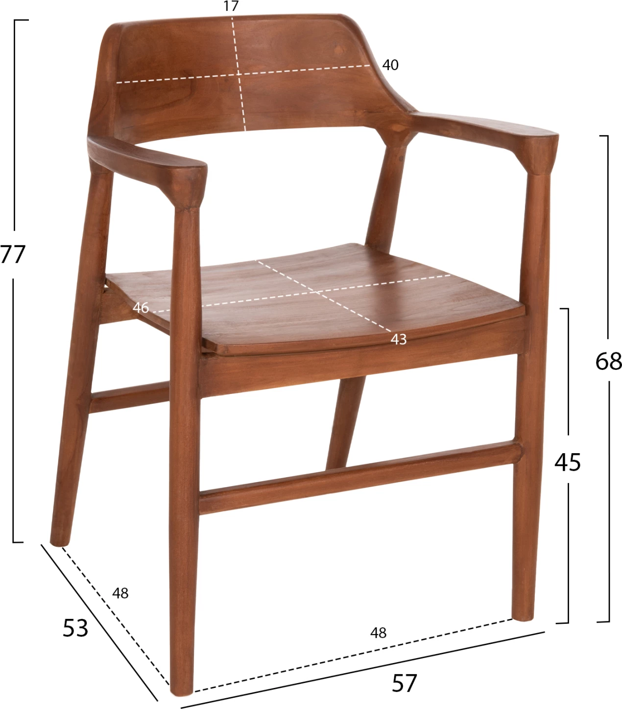 Jedilni stol z nasloni za roke NIONI FH9476.01, les TEAK, barva oreha, 57x53x77 cm