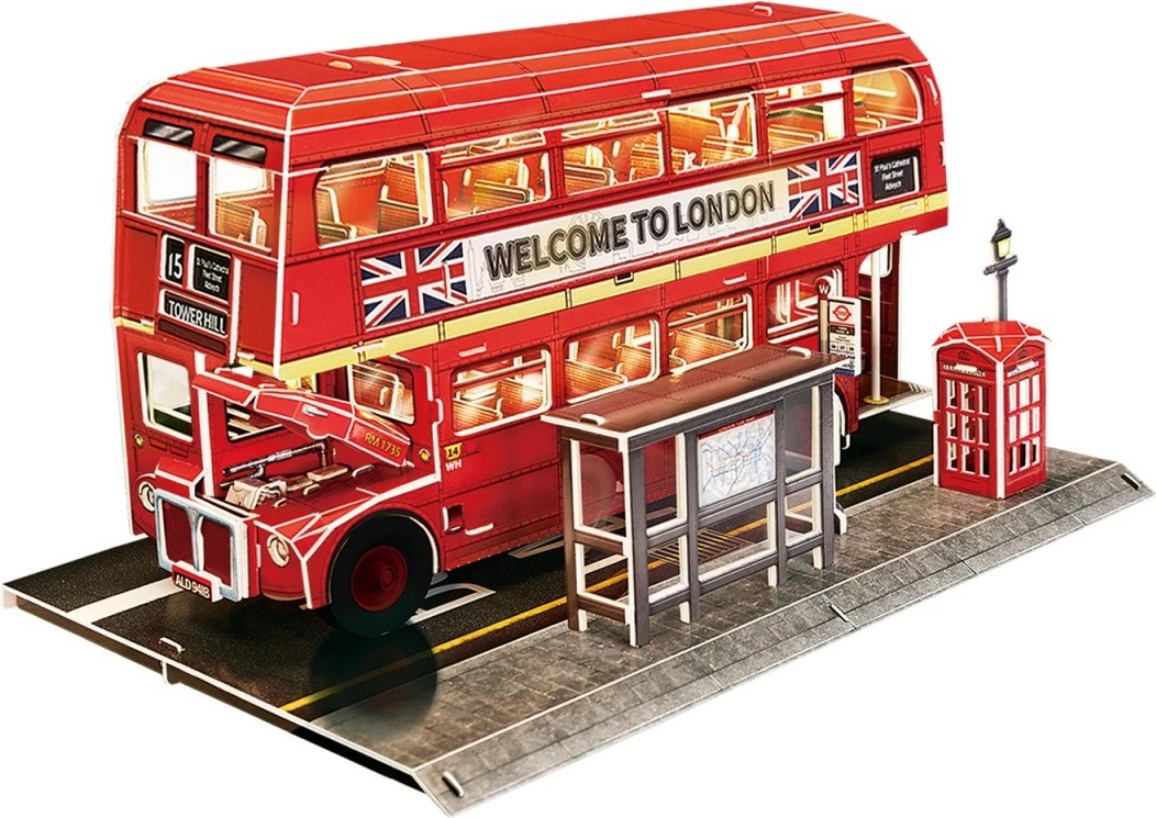 3D sestavljanka z LED osvetlitvijo London Bus, Cubic Fun, 161 delov, rdeča