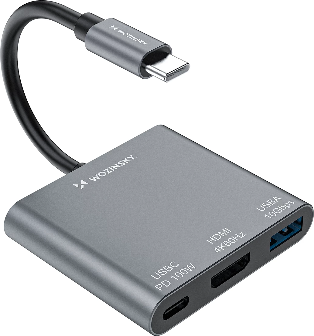 USB-C hub PD 100W, HDMI 4K@30Hz, USB-A 10Gbps — Wozinsky WHCH-01, siv